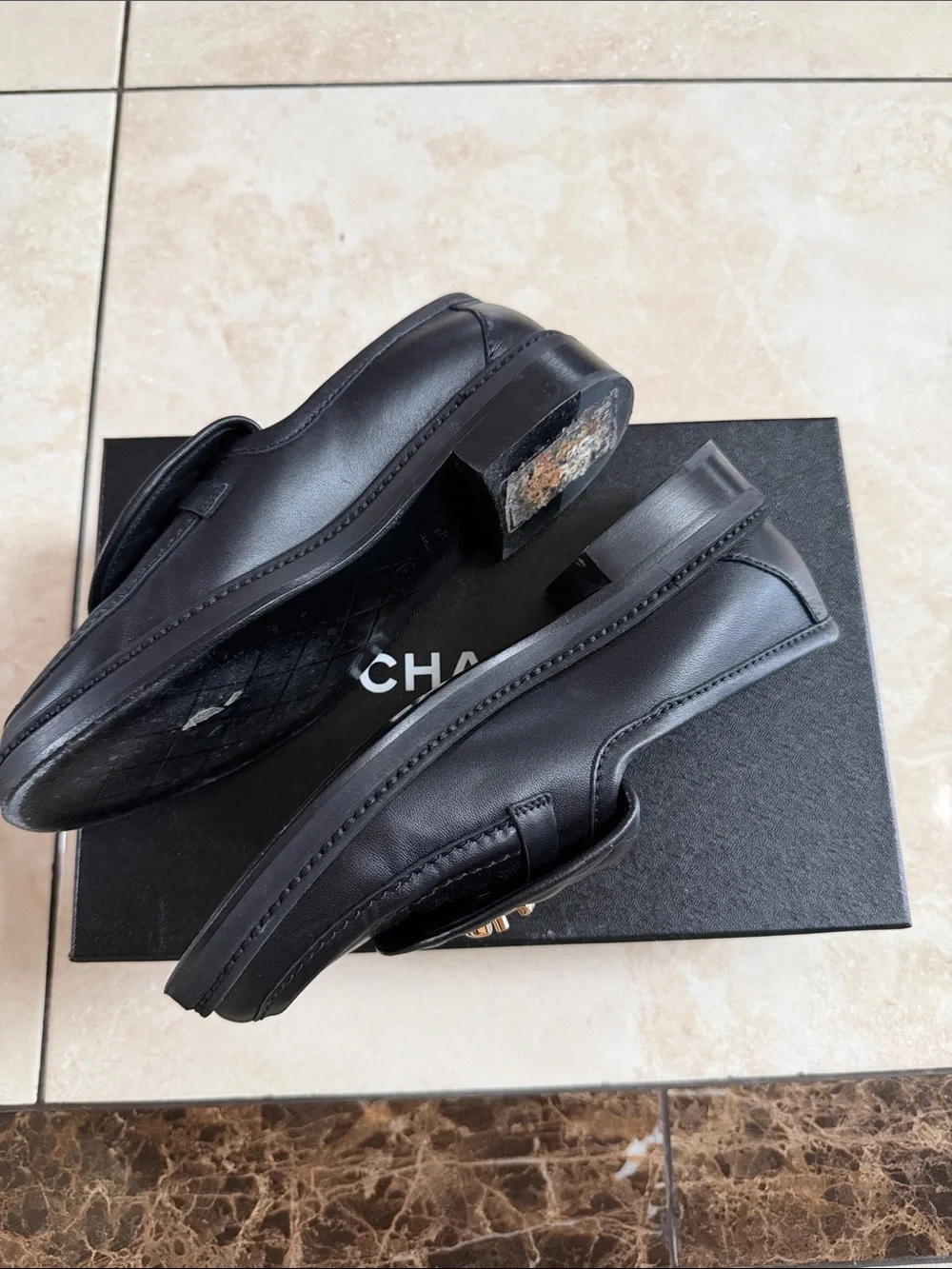 CHANEL Black Quilted Leather Loafers with Gold CC Hardware